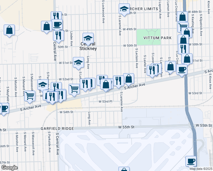 map of restaurants, bars, coffee shops, grocery stores, and more near 5225 South Lockwood Avenue in Chicago