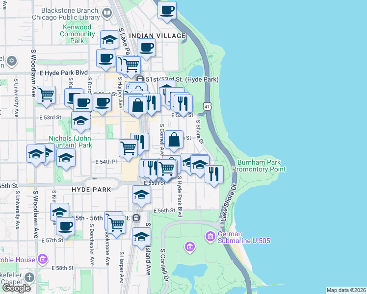 map of restaurants, bars, coffee shops, grocery stores, and more near 5419 South Hyde Park Boulevard in Chicago
