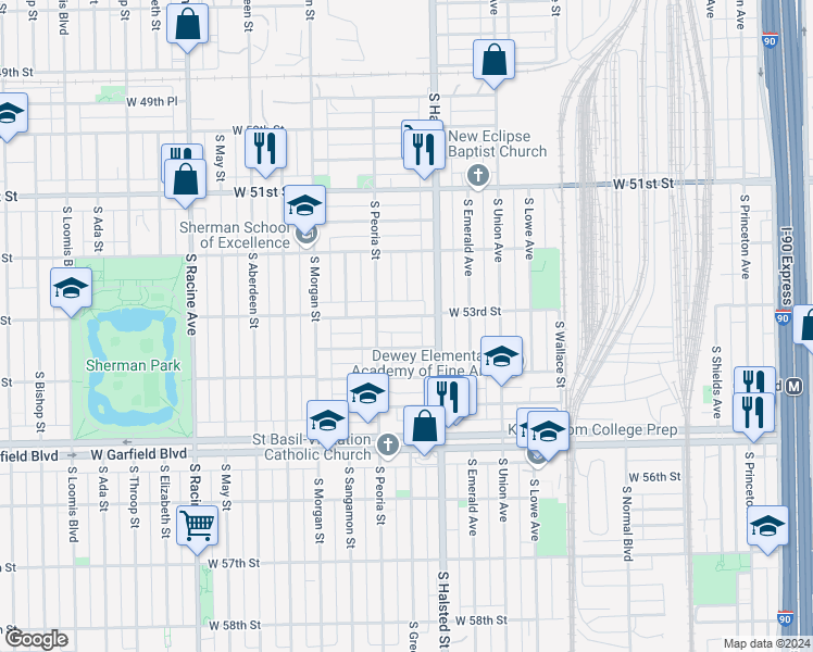 map of restaurants, bars, coffee shops, grocery stores, and more near 831 West 53rd Street in Chicago