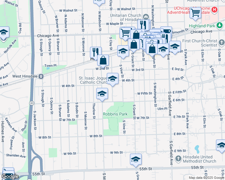 map of restaurants, bars, coffee shops, grocery stores, and more near South Clay Street in Hinsdale