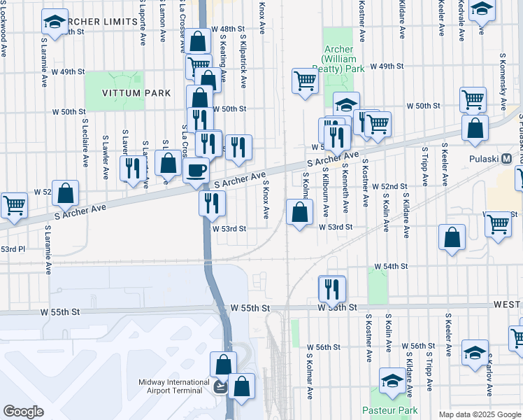 map of restaurants, bars, coffee shops, grocery stores, and more near 5240 South Knox Avenue in Chicago
