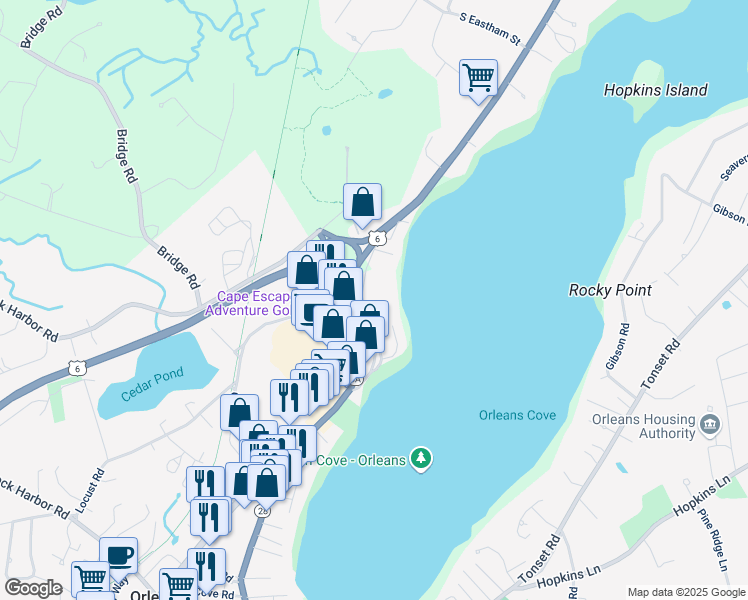 map of restaurants, bars, coffee shops, grocery stores, and more near 80 Old State Highway in Eastham