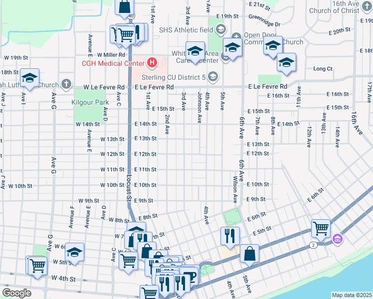 map of restaurants, bars, coffee shops, grocery stores, and more near 1204 3rd Avenue in Sterling