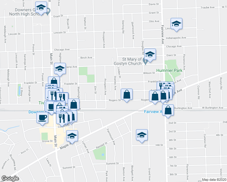 map of restaurants, bars, coffee shops, grocery stores, and more near 4920 Stanley Avenue in Downers Grove