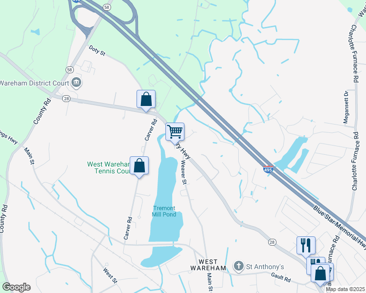 map of restaurants, bars, coffee shops, grocery stores, and more near 2250 Cranberry Highway in Wareham