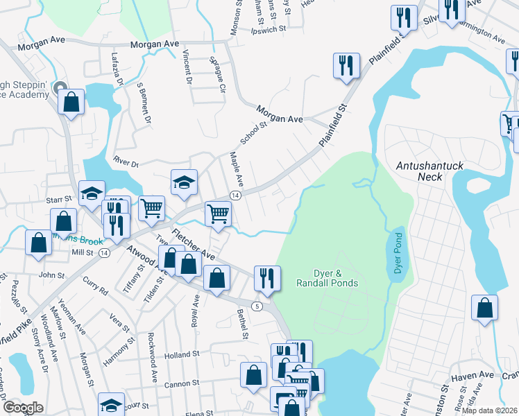 map of restaurants, bars, coffee shops, grocery stores, and more near 68 Walnut Street in Johnston