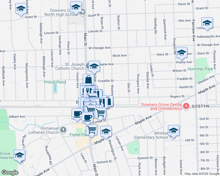 map of restaurants, bars, coffee shops, grocery stores, and more near 4919 Bryan Place in Downers Grove