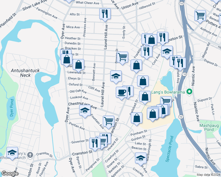 map of restaurants, bars, coffee shops, grocery stores, and more near 72 Oxford Street in Cranston