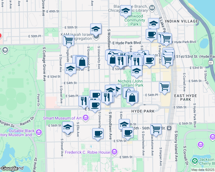 map of restaurants, bars, coffee shops, grocery stores, and more near 5412 South Woodlawn Avenue in Chicago