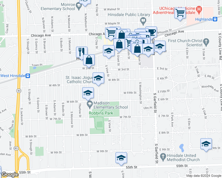 map of restaurants, bars, coffee shops, grocery stores, and more near 427 South Vine Street in Hinsdale