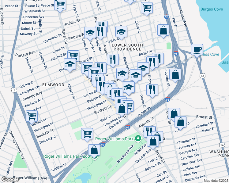 map of restaurants, bars, coffee shops, grocery stores, and more near 14 Pennsylvania Avenue in Providence