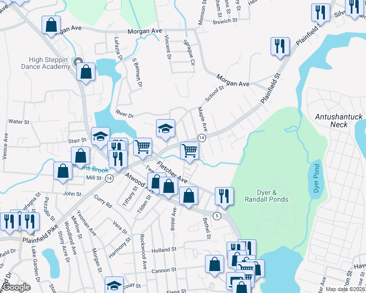 map of restaurants, bars, coffee shops, grocery stores, and more near 1270 Plainfield Street in Johnston