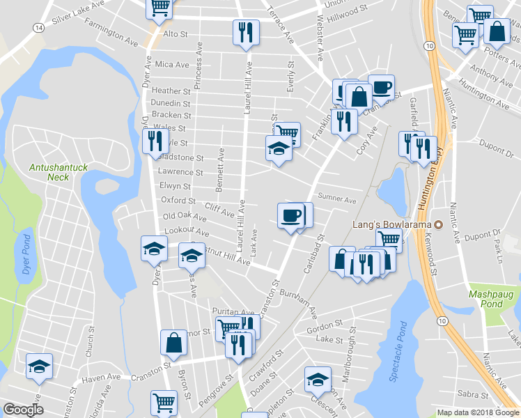 map of restaurants, bars, coffee shops, grocery stores, and more near 70 Oxford Street in Cranston