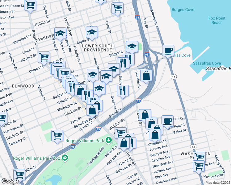 map of restaurants, bars, coffee shops, grocery stores, and more near 119 Rugby Street in Providence