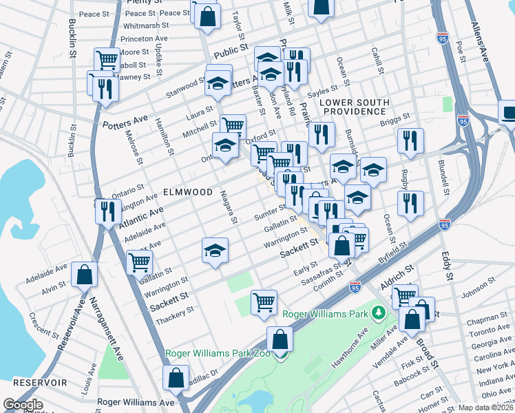 map of restaurants, bars, coffee shops, grocery stores, and more near 48 Lenox Avenue in Providence