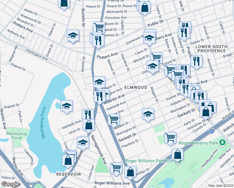 map of restaurants, bars, coffee shops, grocery stores, and more near 114 Melrose Street in Providence