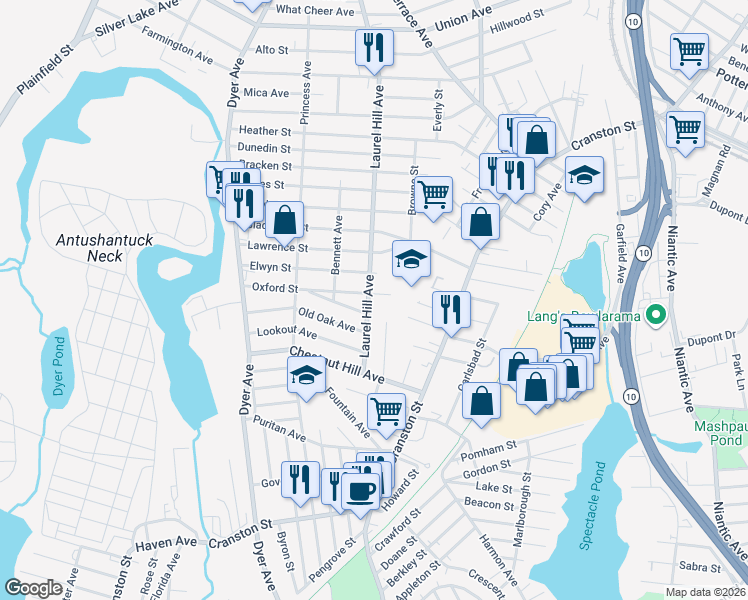 map of restaurants, bars, coffee shops, grocery stores, and more near 581 Laurel Hill Avenue in Cranston