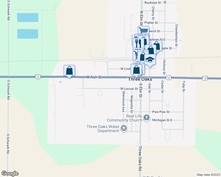 map of restaurants, bars, coffee shops, grocery stores, and more near 209 West Locust Street in Three Oaks