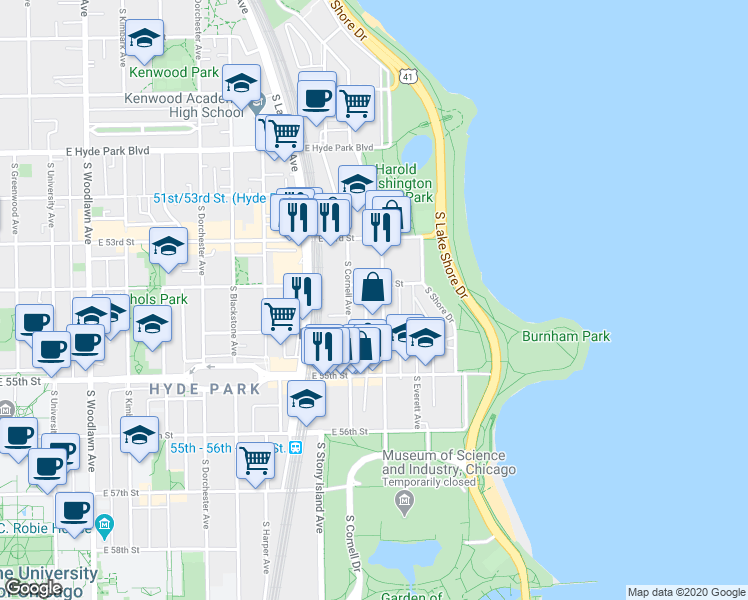 map of restaurants, bars, coffee shops, grocery stores, and more near 5417 South Cornell Avenue in Chicago