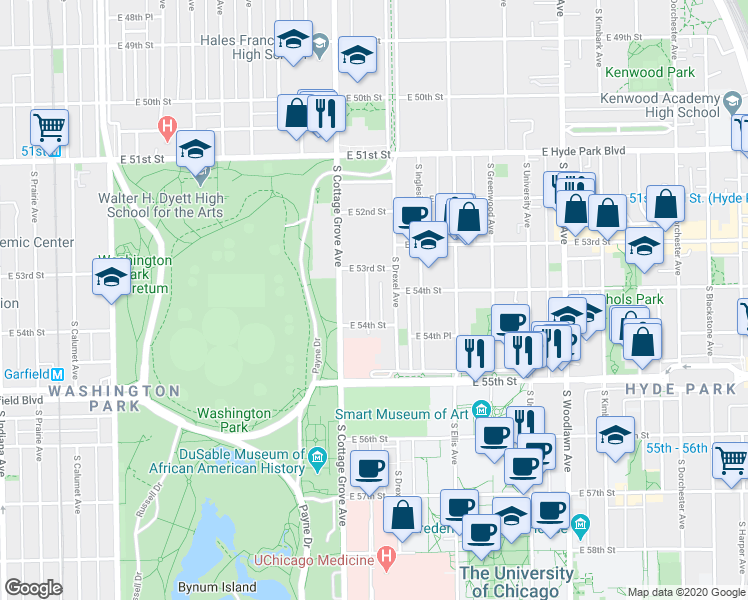 map of restaurants, bars, coffee shops, grocery stores, and more near 5340 South Drexel Avenue in Chicago