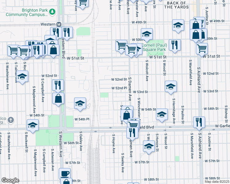 map of restaurants, bars, coffee shops, grocery stores, and more near 2051 West 53rd Street in Chicago