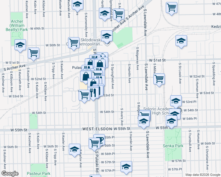 map of restaurants, bars, coffee shops, grocery stores, and more near 5241 South Harding Avenue in Chicago