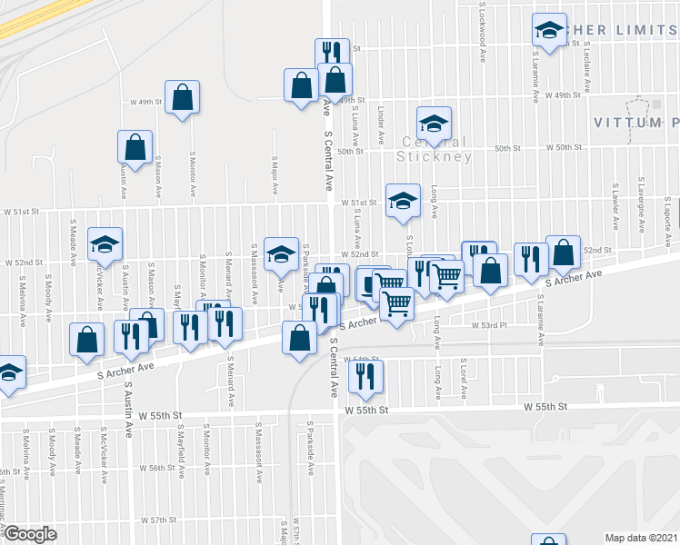 map of restaurants, bars, coffee shops, grocery stores, and more near 5227 South Central Avenue in Chicago