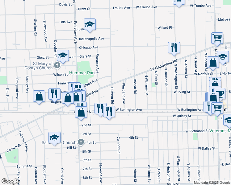 map of restaurants, bars, coffee shops, grocery stores, and more near 4940 Cumnor Road in Downers Grove