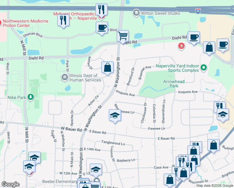 map of restaurants, bars, coffee shops, grocery stores, and more near 424 Iroquois Avenue in Naperville