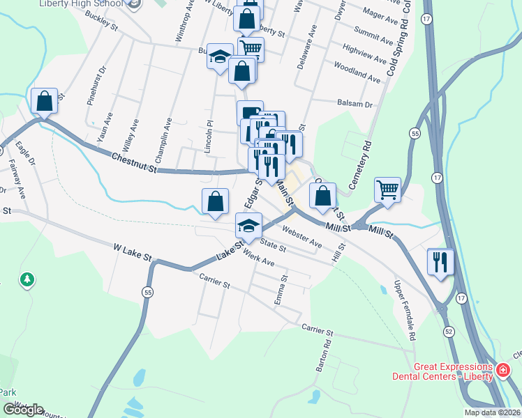 map of restaurants, bars, coffee shops, grocery stores, and more near 15 Spring Street in Liberty