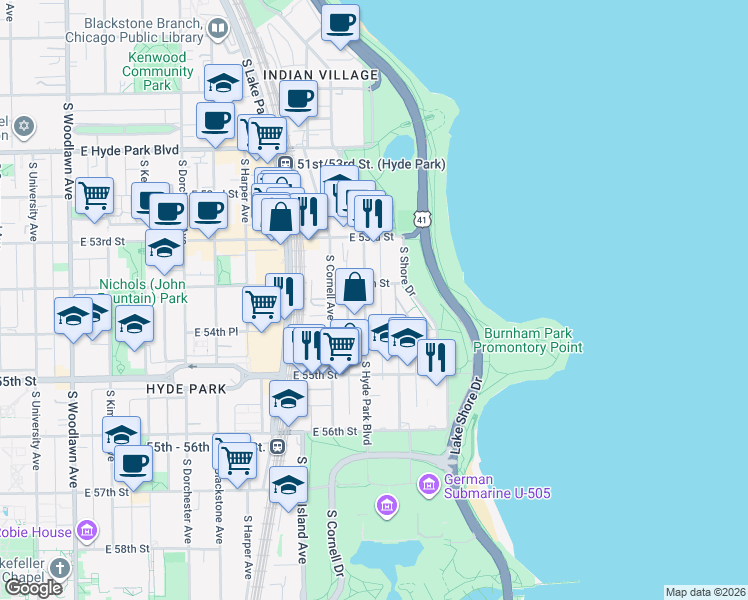 map of restaurants, bars, coffee shops, grocery stores, and more near 5419 South Hyde Park Boulevard in Chicago