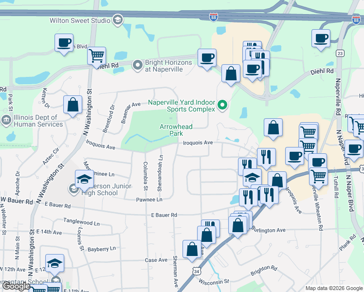 map of restaurants, bars, coffee shops, grocery stores, and more near 904 Iroquois Avenue in Naperville
