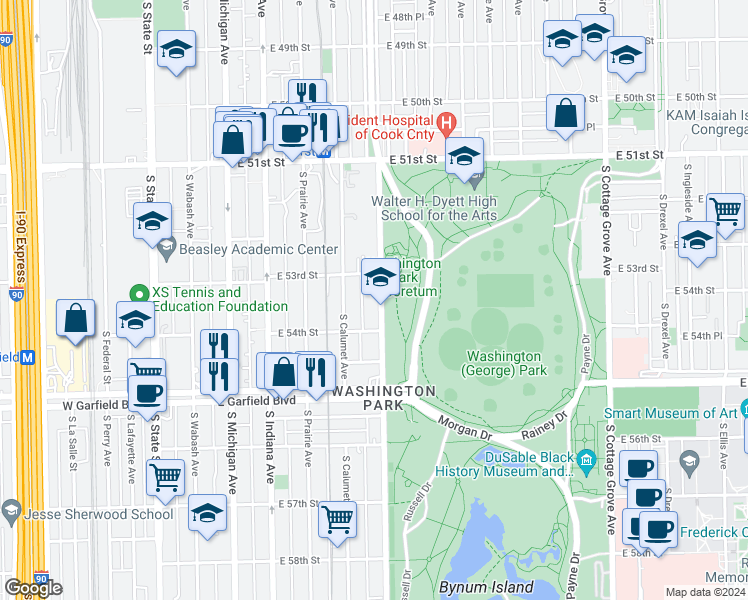 map of restaurants, bars, coffee shops, grocery stores, and more near 5328 South King Drive in Chicago
