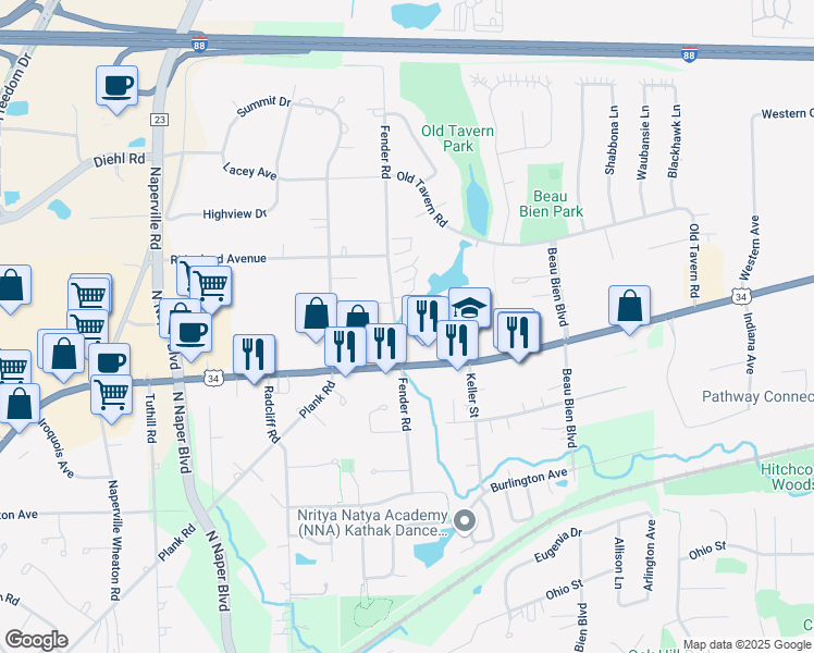 map of restaurants, bars, coffee shops, grocery stores, and more near 4760 Lake Trail Drive in Lisle