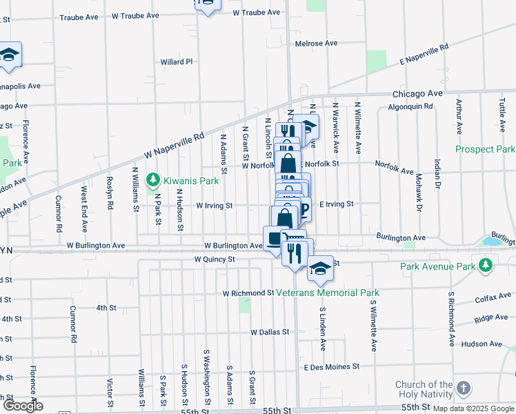 map of restaurants, bars, coffee shops, grocery stores, and more near in Westmont