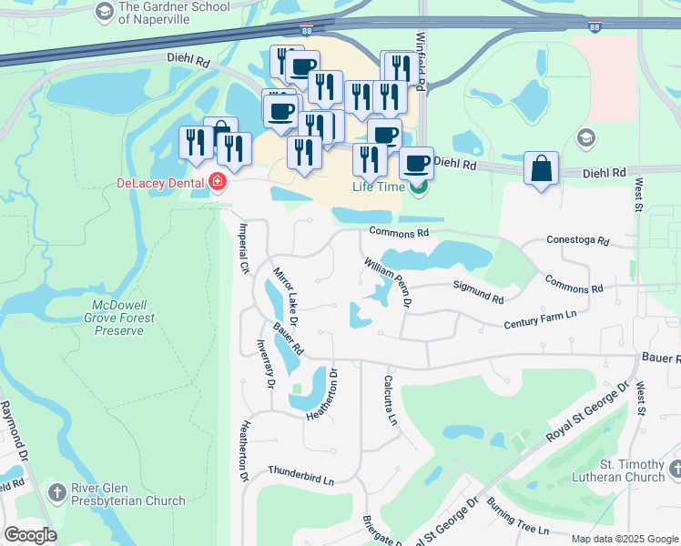 map of restaurants, bars, coffee shops, grocery stores, and more near 1620 Fox Bend Court in Naperville