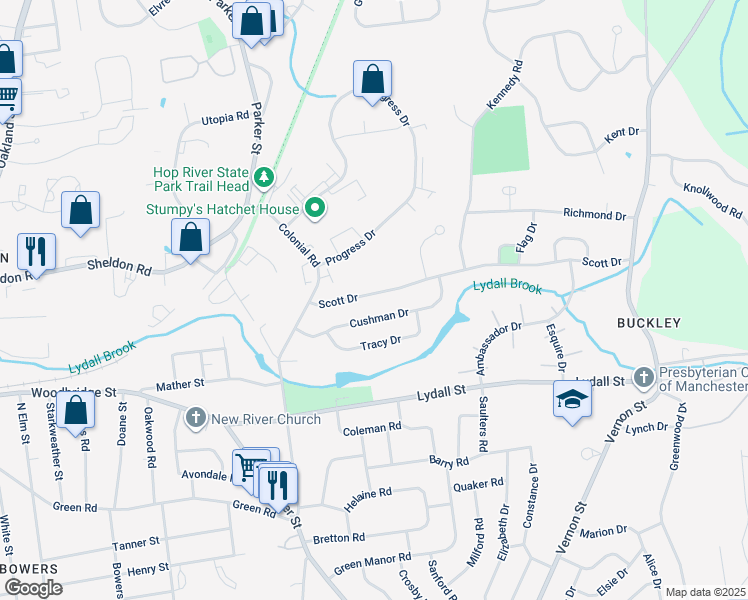 map of restaurants, bars, coffee shops, grocery stores, and more near 60 Scott Drive in Manchester