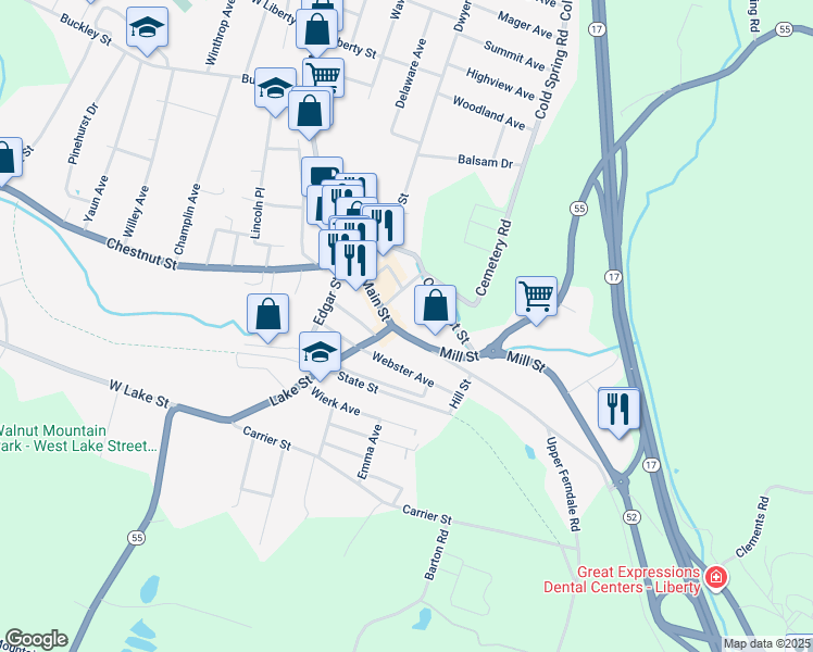 map of restaurants, bars, coffee shops, grocery stores, and more near 147 South Main Street in Liberty