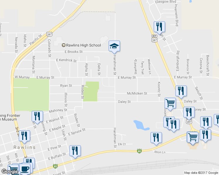 map of restaurants, bars, coffee shops, grocery stores, and more near 18 American Eagle Trailer Park in Rawlins
