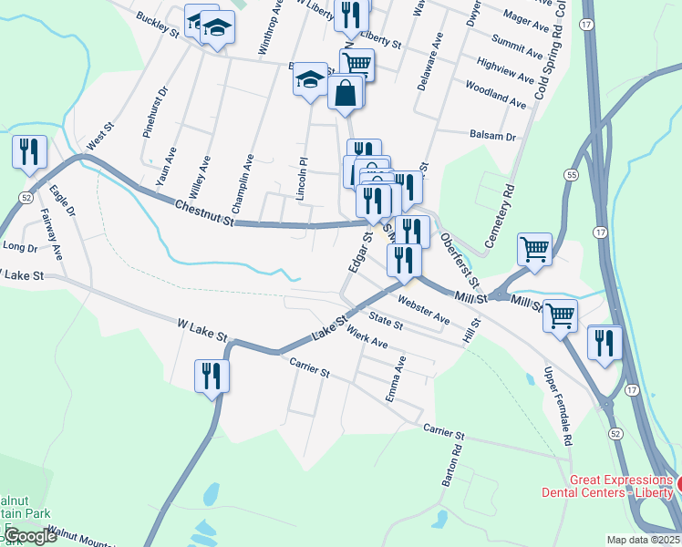 map of restaurants, bars, coffee shops, grocery stores, and more near 68 Edgar St in Liberty
