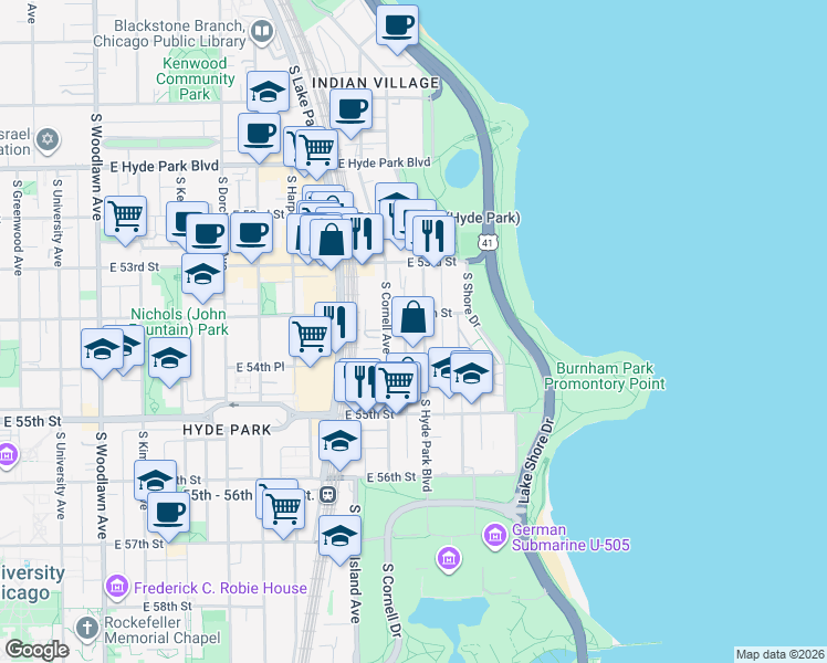 map of restaurants, bars, coffee shops, grocery stores, and more near 5417 South Cornell Avenue in Chicago