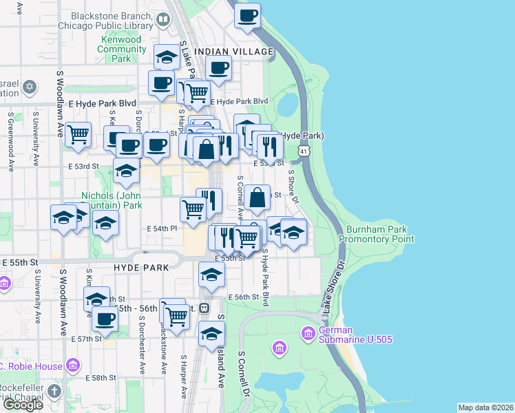 map of restaurants, bars, coffee shops, grocery stores, and more near 5400 South Hyde Park Boulevard in Chicago