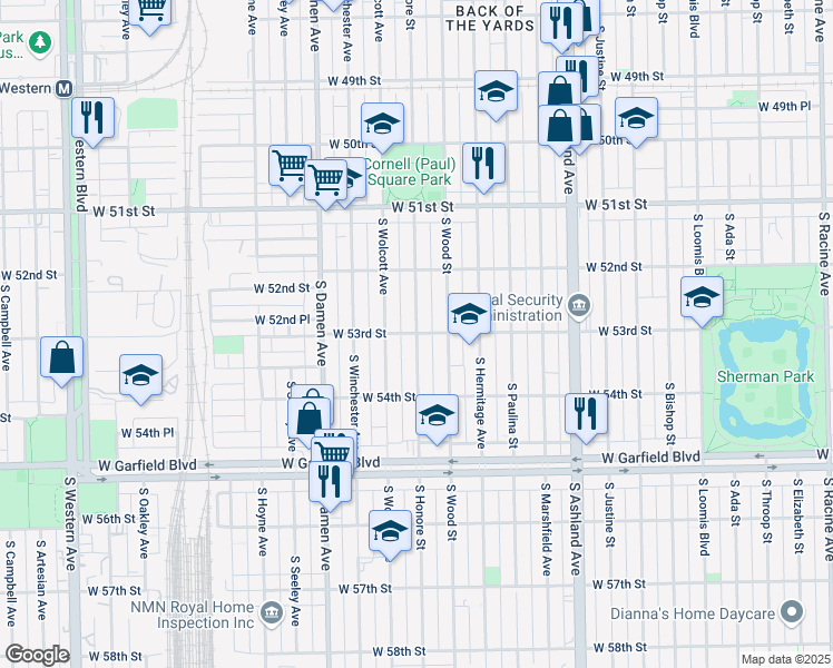 map of restaurants, bars, coffee shops, grocery stores, and more near W 53rd St & S Honore St in Chicago