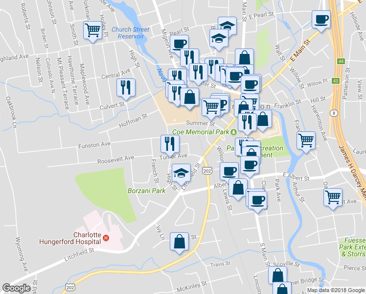 map of restaurants, bars, coffee shops, grocery stores, and more near 53 Cameron Street in Torrington