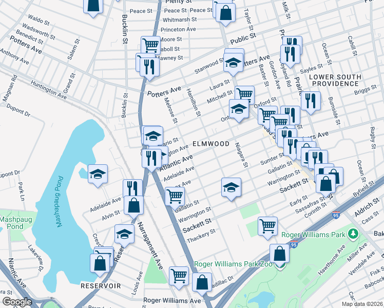 map of restaurants, bars, coffee shops, grocery stores, and more near 114 Melrose Street in Providence