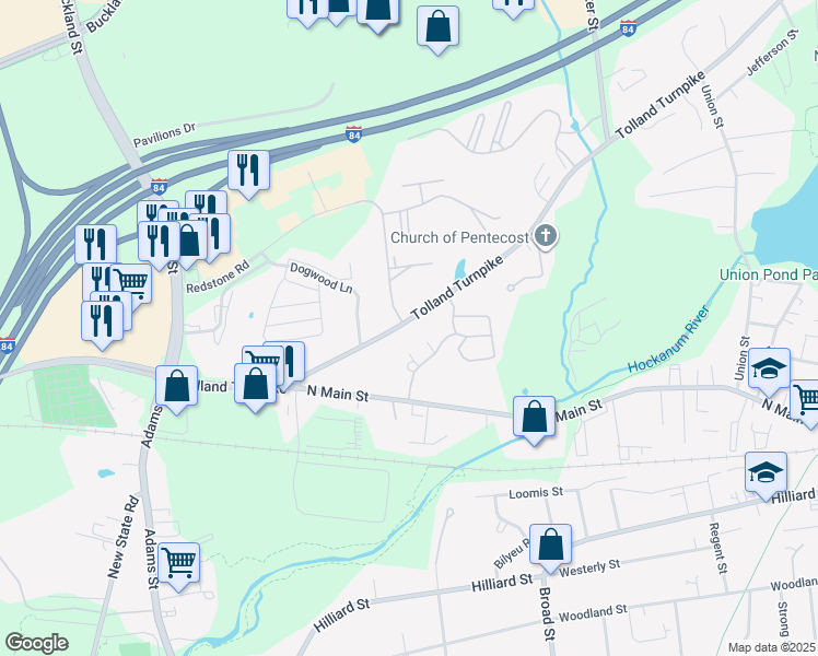 map of restaurants, bars, coffee shops, grocery stores, and more near 892 Tolland Turnpike in Manchester