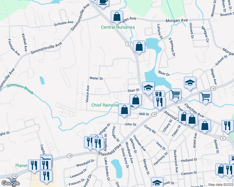 map of restaurants, bars, coffee shops, grocery stores, and more near 28 Starr Street in Johnston