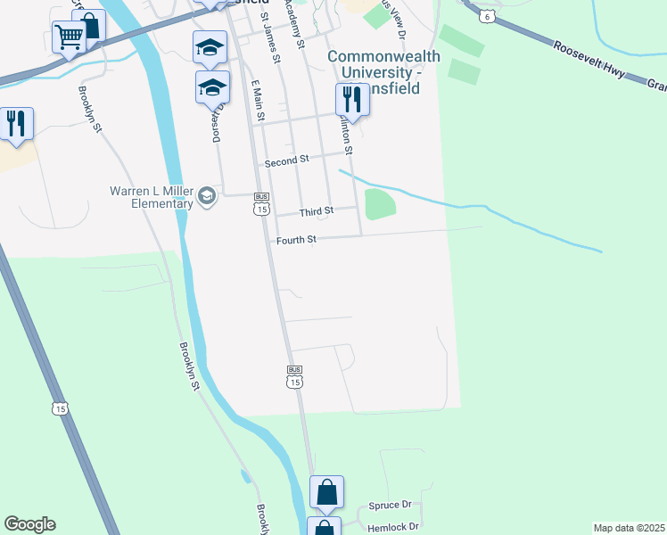 map of restaurants, bars, coffee shops, grocery stores, and more near 307 South Main Street in Mansfield