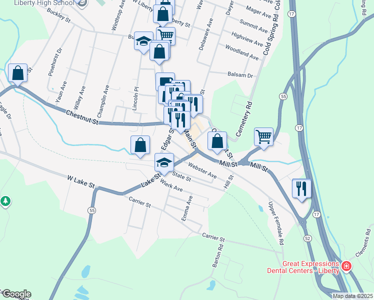 map of restaurants, bars, coffee shops, grocery stores, and more near 31/37 Orchard Street in Liberty