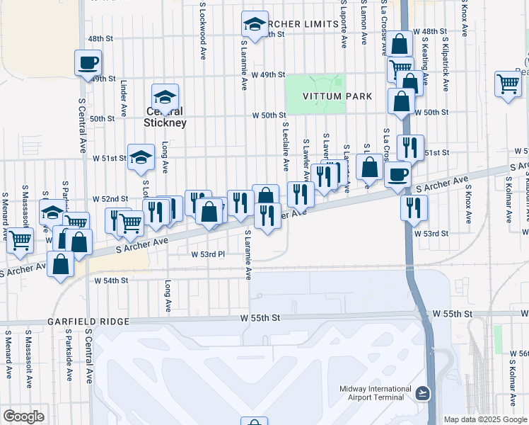 map of restaurants, bars, coffee shops, grocery stores, and more near 5636 South Archer Avenue in Chicago